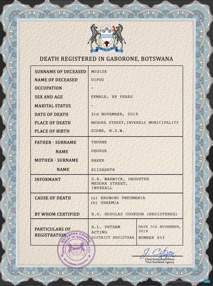Download Botswana vital record death certificate PSD template Photoshop template